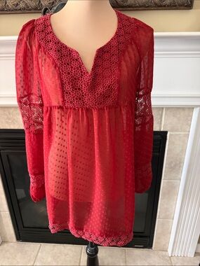 Daniel Rainn Red Crochet-Trim Sheer Peasant Blouse Medium